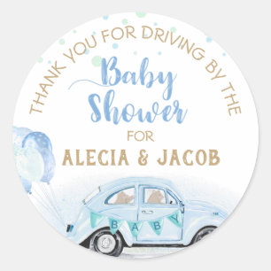 Blue Gold Car Drive per Baby shower Dank u Ronde Sticker