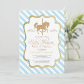 Blue Gold Carrousel Baby shower Invitation Kaart (Staand voorkant)