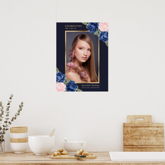 Blue Gold Celebration of Life Photo Funeral Sign Poster (Keuken)