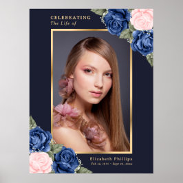 Blue Gold Celebration of Life Photo Funeral Sign Poster