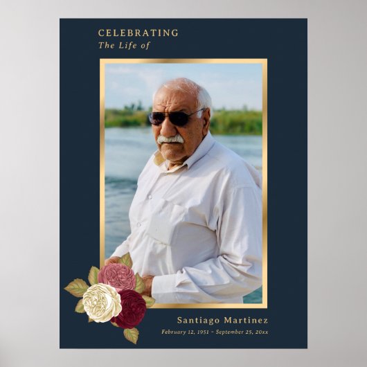 Blue Gold Celebration of Life Photo Funeral Sign Poster (Voorkant)