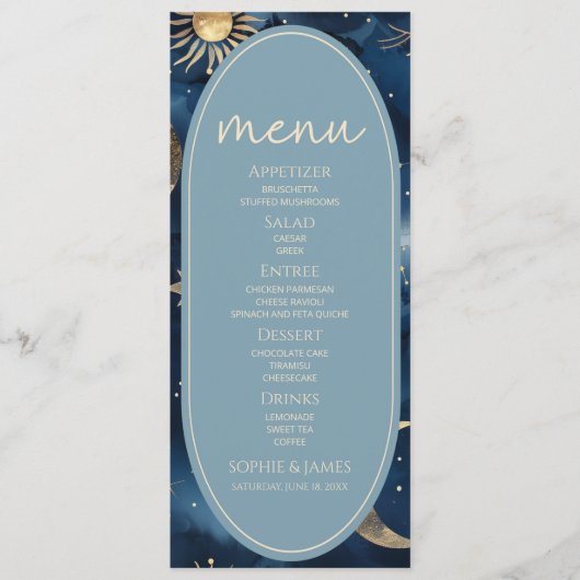 Blue Gold Celestial Elegant Starry Sky Wedding Menu (Voorkant)
