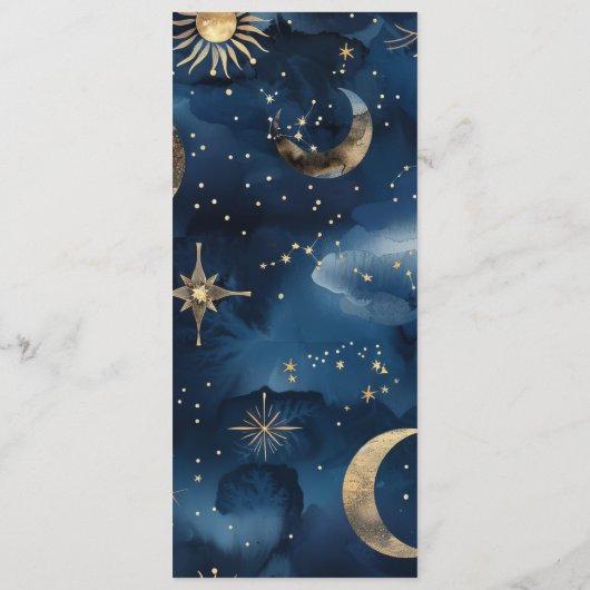 Blue Gold Celestial Elegant Starry Sky Wedding Menu (Achterkant)