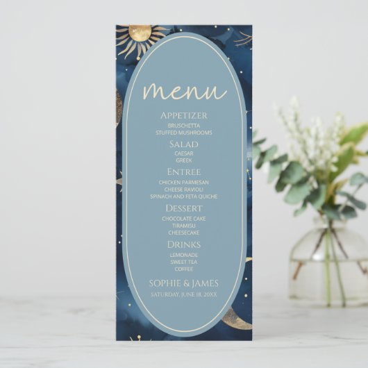 Blue Gold Celestial Elegant Starry Sky Wedding Menu (Staand voorkant)