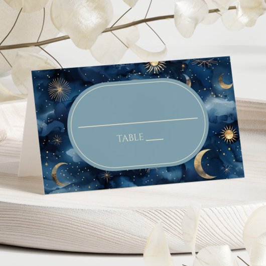Blue Gold Celestial Elegant Starry Sky Wedding Plaatskaartje
