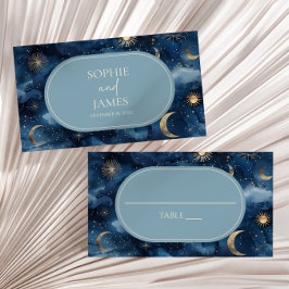 Blue Gold Celestial Elegant Starry Sky Wedding Plaatskaartje