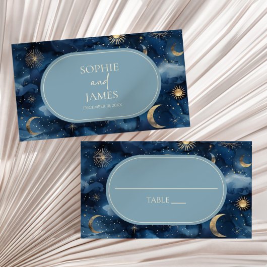 Blue Gold Celestial Elegant Starry Sky Wedding Plaatskaartje