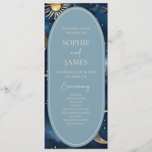 Blue Gold Celestial Elegant Starry Sky Wedding Programmakaart (Voorkant)