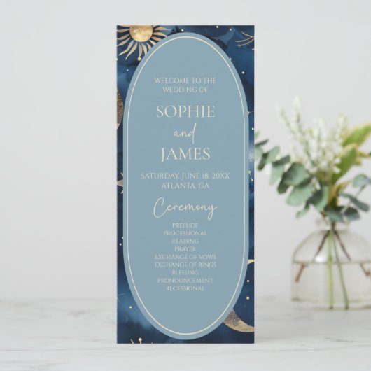 Blue Gold Celestial Elegant Starry Sky Wedding Programmakaart (Staand voorkant)
