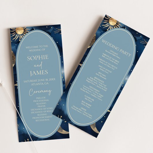 Blue Gold Celestial Elegant Starry Sky Wedding Programmakaart
