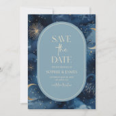 Blue Gold Celestial Elegant Starry Sky Wedding Save The Date (Voorkant)