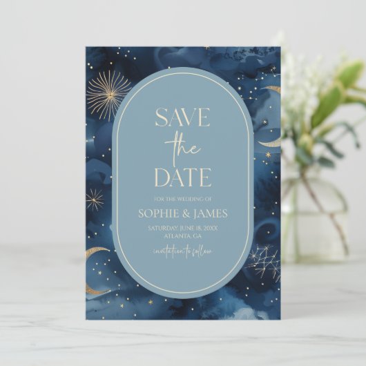 Blue Gold Celestial Elegant Starry Sky Wedding Save The Date (Staand voorkant)