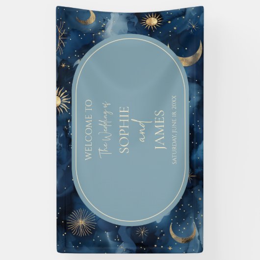 Blue Gold Celestial Elegant Starry Sky Wedding Spandoek (Verticaal)