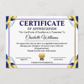 Blue Gold Certificate of Appreciation Template Informatiekaartje (Voorkant)