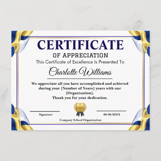 Blue Gold Certificate of Appreciation Template Informatiekaartje (Voorkant)