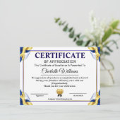 Blue Gold Certificate of Appreciation Template Informatiekaartje (Staand voorkant)