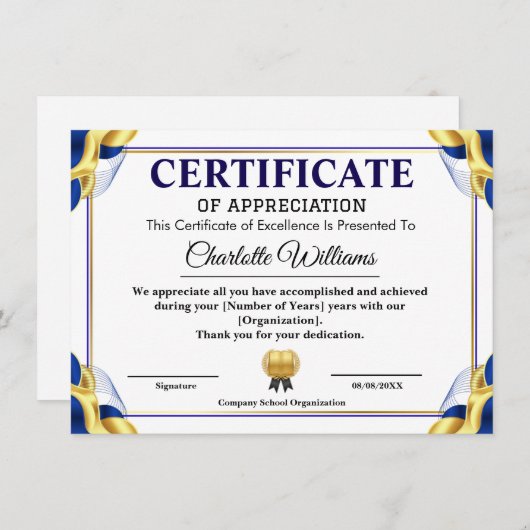 Blue Gold Certificate of Appreciation Template Informatiekaartje (Voorkant / Achterkant)