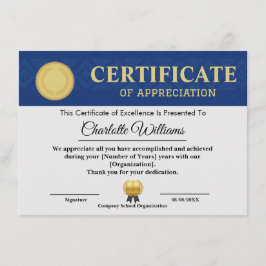 Blue Gold Certificate of Appreciation Template Informatiekaartje