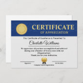Blue Gold Certificate of Appreciation Template Informatiekaartje (Voorkant / Achterkant)