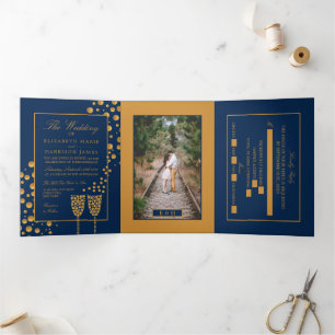 Blue & Gold Champagne Bubbles, Wedding Suite Drieluik Uitnodiging
