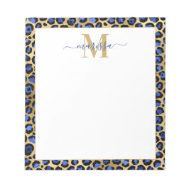 Blue Gold Cheetah Print Initiaal met naam Monogram Notitieblok