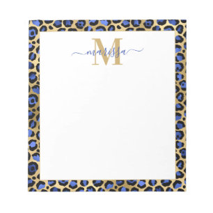 Blue Gold Cheetah Print Initiaal met naam Monogram Notitieblok