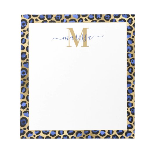 Blue Gold Cheetah Print Initiaal met naam Monogram Notitieblok (Voorkant)