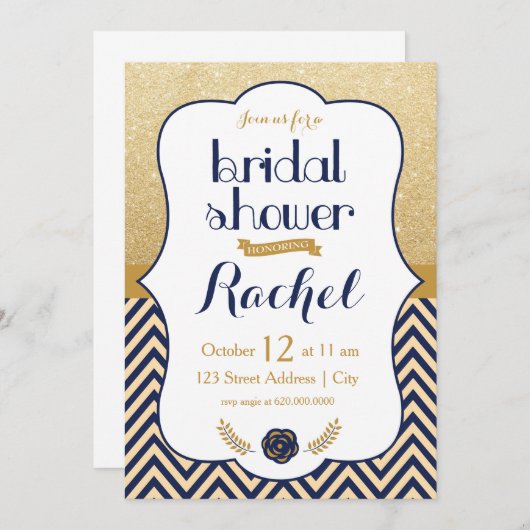 Blue Gold Chevron - Bridal Shower-uitnodiging Kaart (Voorkant / Achterkant)