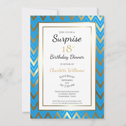 Blue Gold Chevron Surprise 18th Birthday Dinner Kaart (Voorkant)