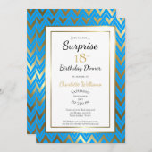 Blue Gold Chevron Surprise 18th Birthday Dinner Kaart (Voorkant / Achterkant)