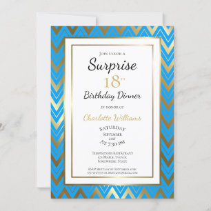 Blue Gold Chevron Surprise 18th Birthday Dinner Kaart