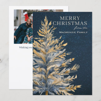 Blue Gold Christmas Tree Photo Personalized Feestdagenkaart