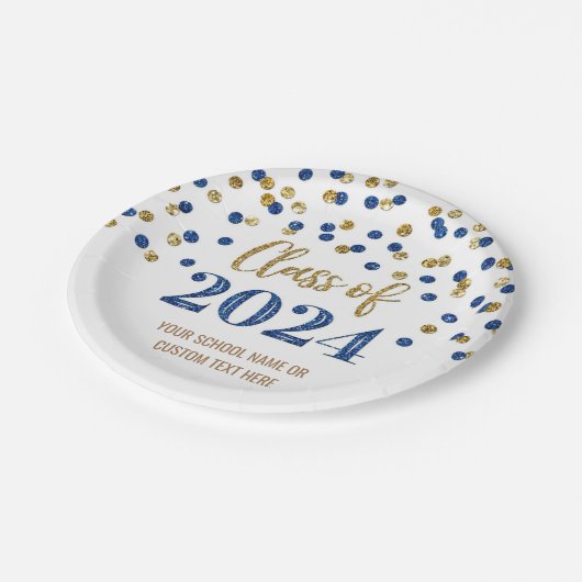 Blue Gold Confetti Afstuderen 2024 Papieren Bordje (Gekanteld)