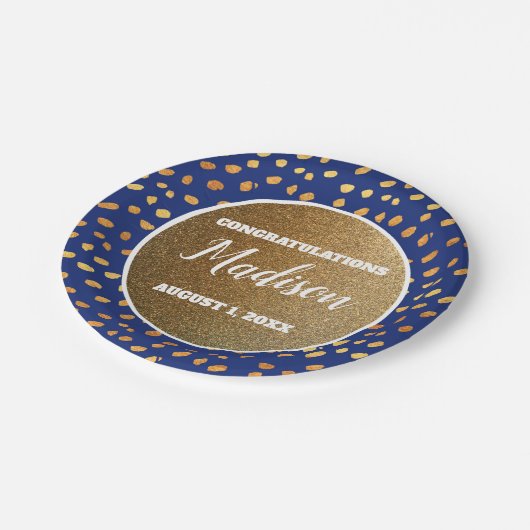 Blue Gold Confetti Afstuderen College Trunk Party Papieren Bordje (Gekanteld)