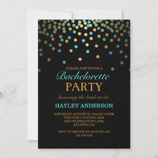 Blue & Gold Confetti Bachelorette Uitnodiging (Voorkant)