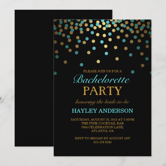 Blue & Gold Confetti Bachelorette Uitnodiging (Voorkant / Achterkant)