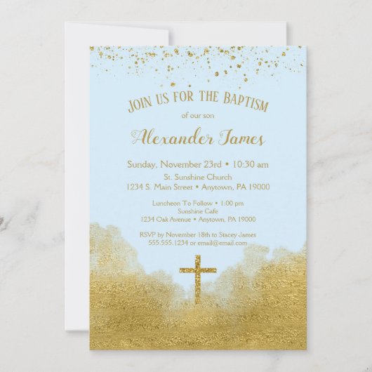 Blue Gold Confetti Baptism Invitation Boy Kaart (Voorkant)