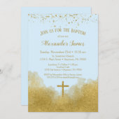 Blue Gold Confetti Baptism Invitation Boy Kaart (Voorkant / Achterkant)