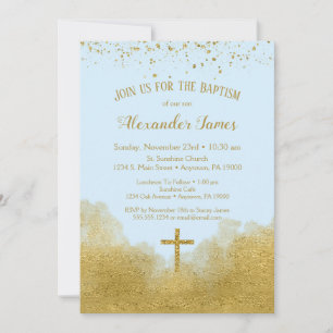 Blue Gold Confetti Baptism Invitation Boy Kaart