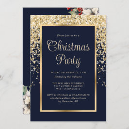 Blue Gold Confetti Botanical Christmas Party Kaart