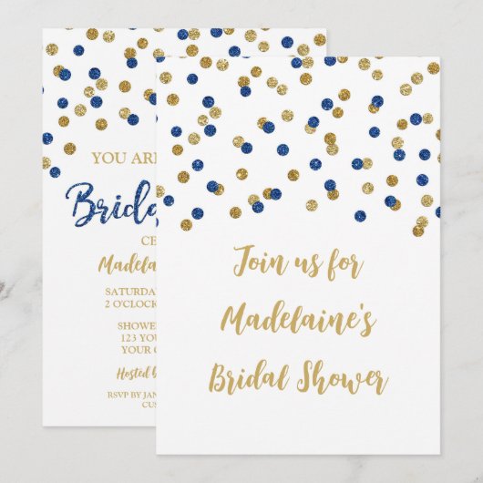Blue Gold Confetti Bridal Shower-uitnodiging Kaart (Voorkant / Achterkant)