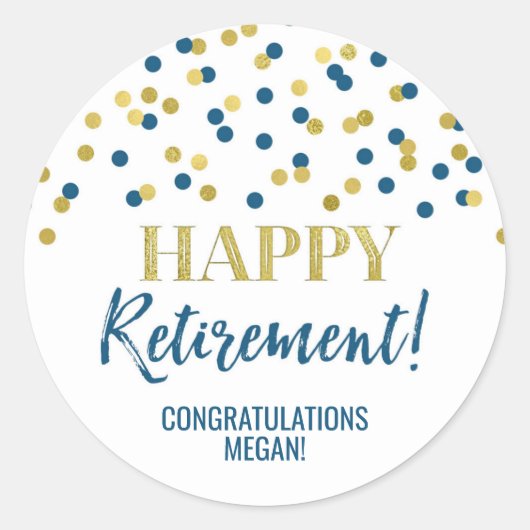 Blue Gold Confetti Happy Retirement Ronde Sticker (Voorkant)