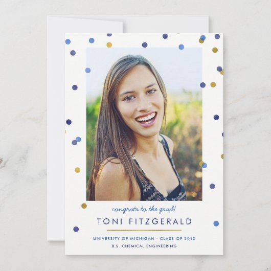 Blue & Gold Confetti Photo Afstuderen Kaart (Voorkant)