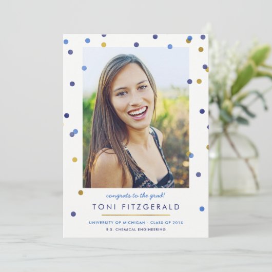 Blue & Gold Confetti Photo Afstuderen Kaart (Staand voorkant)