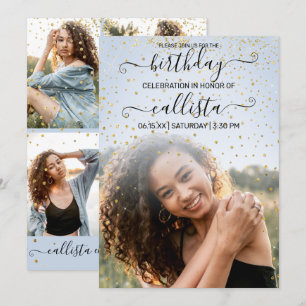 Blue Gold Confetti Photo Collage Birthday Kaart