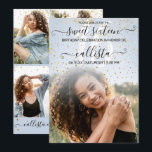 Blue Gold Confetti Photo Collage Sweet 16 Kaart<br><div class="desc">Deze en meisjes zoete fotocollage-uitnodiging voor zestien verjaardagsfeestjes is perfect voor het trendy en stijlvolle meisje. Het is voorzien van faux die faux dun goud bedrukt vallen glitter confetti bovenop een pastelblauw en grote gradiënt van de eigenschapfoto ombre met elegante zwarte handgeschreven krommende manuscripttypografie. Op de achterzijde staan faux gold...</div>