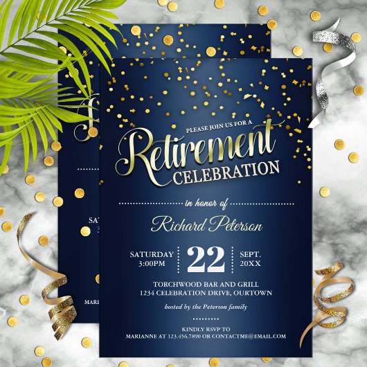 Blue|Gold Confetti Retirement Party Invitations Kaart