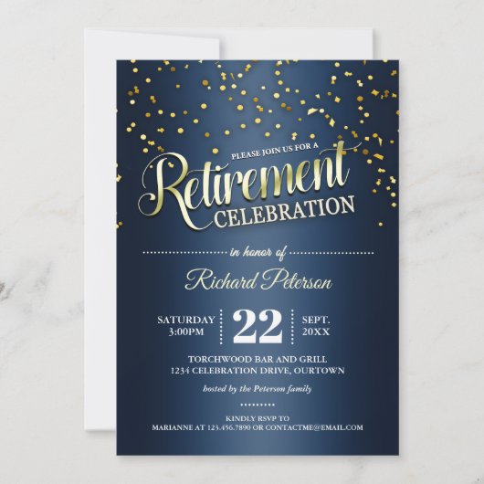 Blue|Gold Confetti Retirement Party Invitations Kaart (Voorkant)