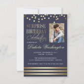 Blue Gold Confetti Stripe Photo Surprise Birthday Kaart (Voorkant)