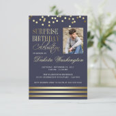 Blue Gold Confetti Stripe Photo Surprise Birthday Kaart (Staand voorkant)